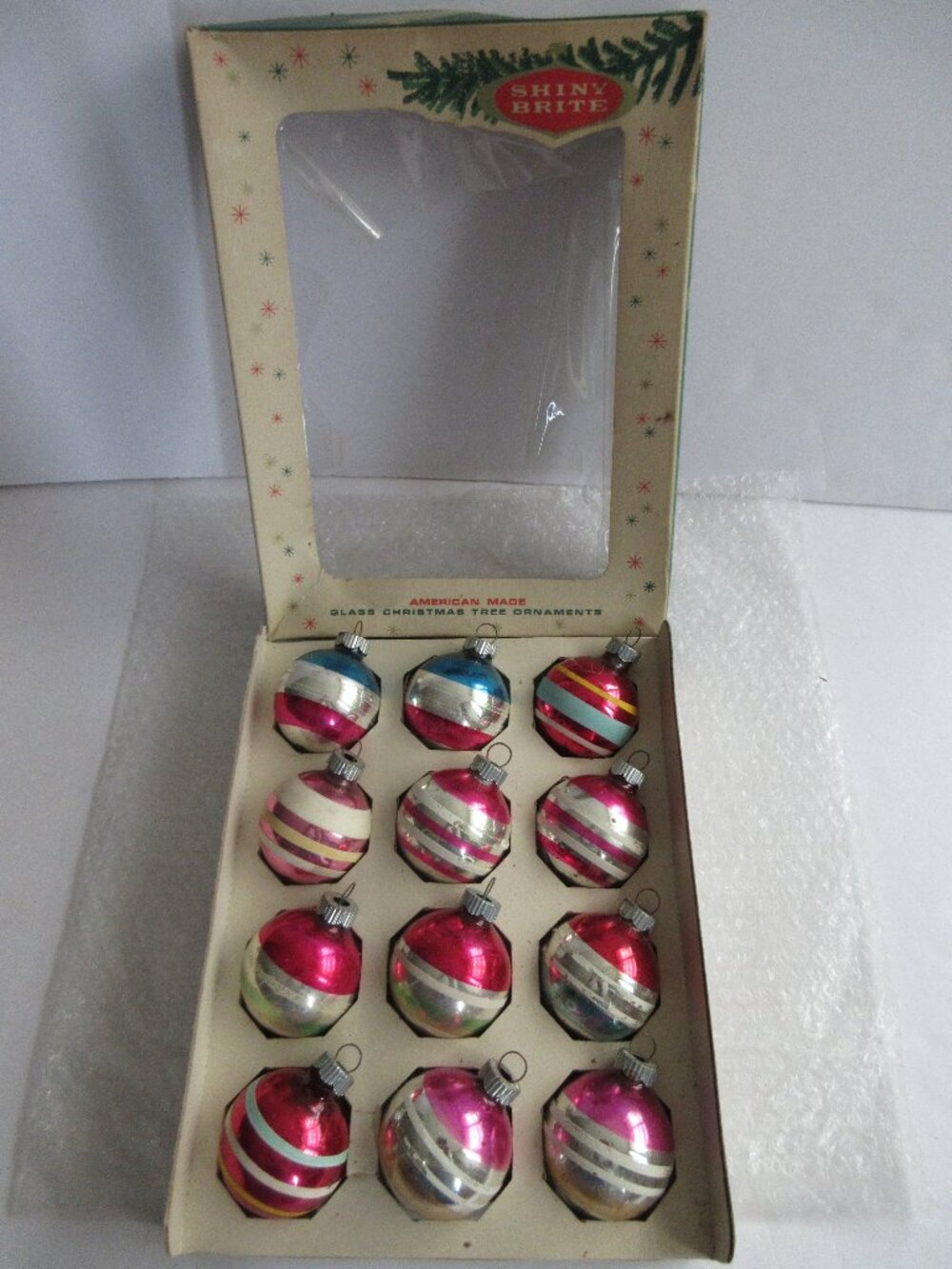 Shiny Brite Striped 1.5" Glass Christmas Ornaments Set Of 12 In Box Vintage